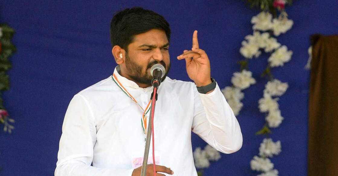 Patidar's community leader Hardik Patel, speaks during a political rally of Congress' Rahul Gandhi at Asarana village, in Bhavnagar district on April 15, 2019. Photo by Sam Panthaky/AFP