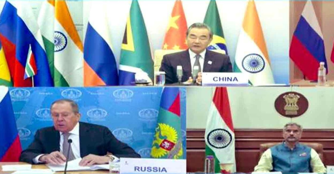 External Affairs Minister S Jaishankar (bottom right) attends the online BRICS meeting. Photo: Twitter/ @DrSJaishankar