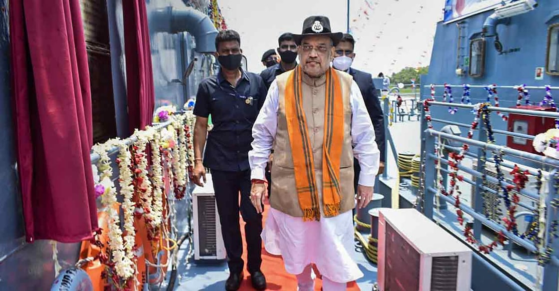 PTI05_05_2022_000062B Union Home Minister Amit Shah during his visit to inaugurate floating BOP's at Hingalganj, in North 24 Parganas district in West Bengal on Thursday. Photo: PTI