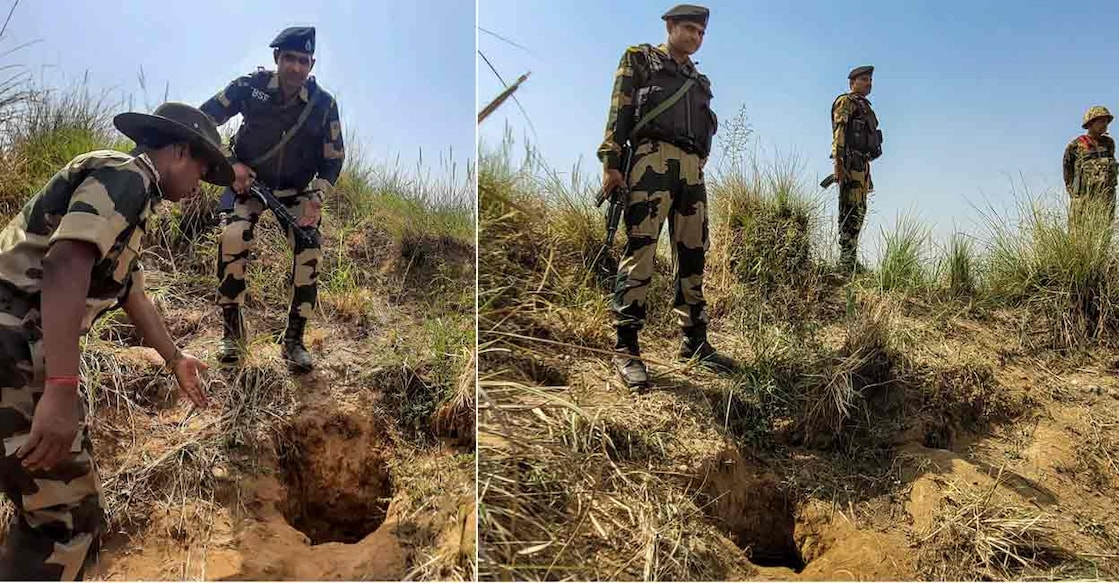Border Security Force (BSF) personnel stand near a suspected underground tunnel which was detected near the Indo-Pak international border in the Samba district of Jammu and Kashmir, Thursday, May 5, 2022. (PTI Photo)