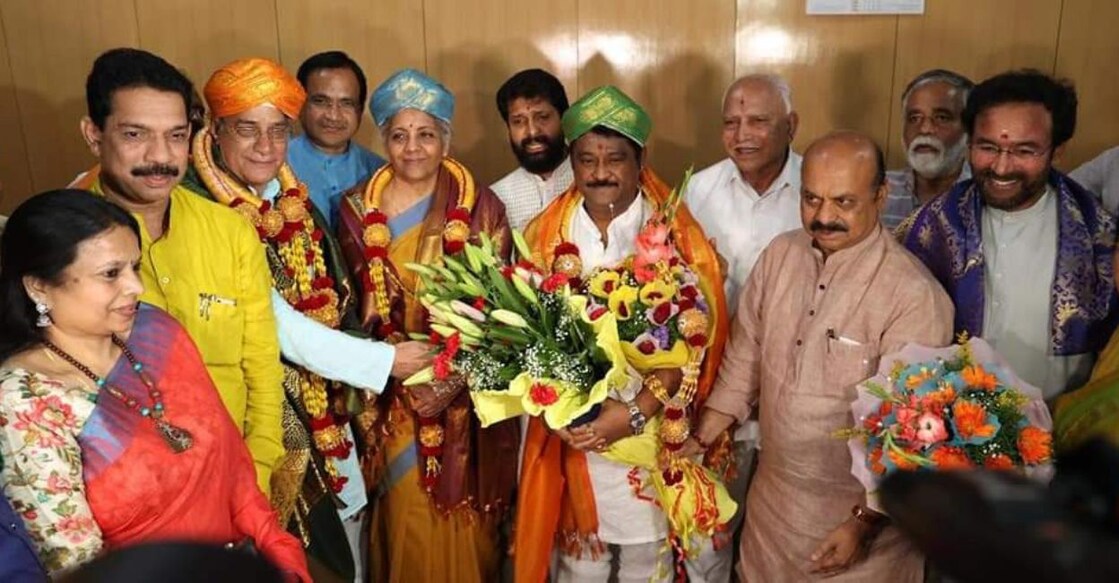 Karnataka Chief Minister Basavaraj Bommai with BJP candidates Jaggesh, Finance Minister Nirmala Sitharaman and Lehar Singh Siroya celebrate their victory in the Rajya Sabha elections 2022. PHOTO: PTI