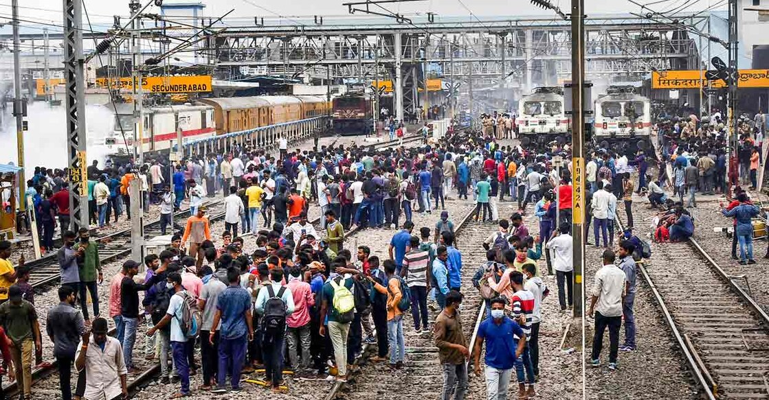 Hyderabad: A mob vandalises trains and railway properties at the Secunderabad Railway Station in protest against the Central governments Agnipath scheme, near Hyderabad, Friday, June 17, 2022. (PTI Photo)