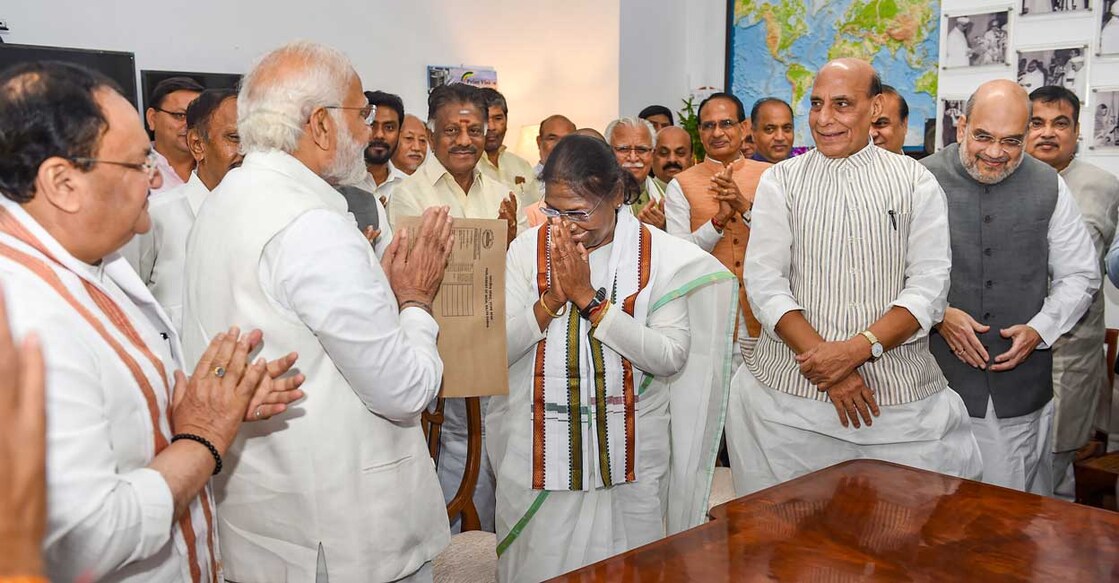 Droupadi Murmu NDA candidate Droupadi Murmu files her nomination papers for presidential election in the presence of Prime Minister Narendra Modi, Union Ministers Rajnath Singh, Amit Shah, BJP President J P Nadda and other leaders, at Parliament House, in New Delhi, Friday, June 24, 2022. Photo: PTI