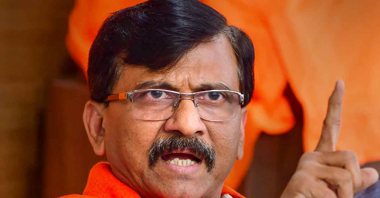 Shiv Sena leader Sanjay Raut addresses a press conference at Shiv Sena Bhawan, in Mumbai. PTI Photo