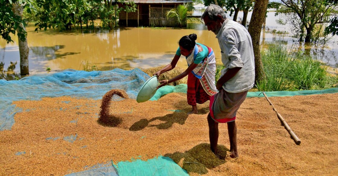 indian-monsoon-economy Villagers affected by flood dry their paddy crop on a road in Morigaon district in the northeastern state of Assam, India, May 24, 2022. FILE PHOTO: Reuters