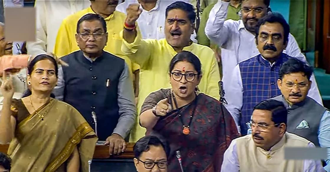 lok-sabha Union Minister Smriti Irani speaks in the Lok Sabha during ongoing Monsoon Session of Parliament, in New Delhi, Thursday, July 28, 2022. PHOTO: SANSAD TV/PTI