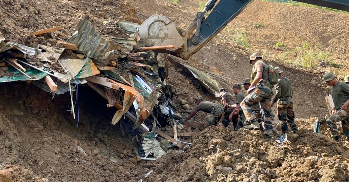 Rescue operations underway after a massive landslide hit the Tupul railway construction camp, in Noney district of Manipur. PHOTO: PTI