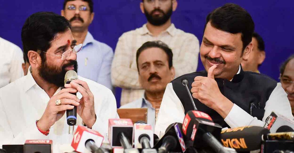 Maharashtra CM Eknath Shinde and Deputy CM Devendra Fadnavis address a press conference, in Mumbai, Thursday, June 30, 2022. (PTI Photo/Shashank Parade)