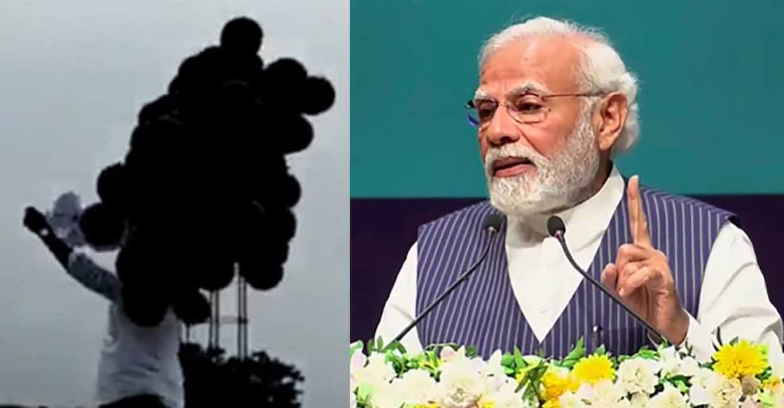 black balloons released at Vijayawada airport during PM's visit Black balloons were released into the flight path of Prime Minister Narendra Modi's Mi-17 helicopter as he took off from the Vijayawada International Airport (VIA) for Bhimavaram on Monday. Photos: IANS, PTI