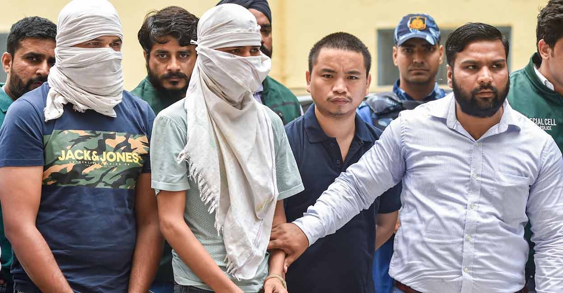 Sidhu Moosewala killers Ankit Sirsa and Sachin Bhiwani, accused in the Punjabi singer Sidhu Moose Wala murder case, after they were arrested by the Delhi Police special cell in New Delhi on Monday. PTI