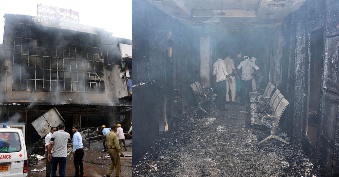 1. Smoke bellows after a major fire broke out at the Life Multispeciality Hospital at Damoh Naka, in Jabalpur, on Monday. 2. Police and fire personnel inspect the building after the fire. PHOTOS: PTI