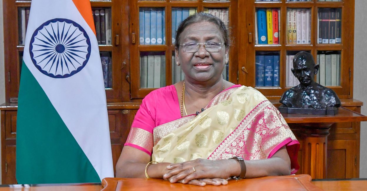  President Droupadi Murmu addresses the nation on the eve of the 75th Independence Day, in New Delhi. PHOTO: PTI