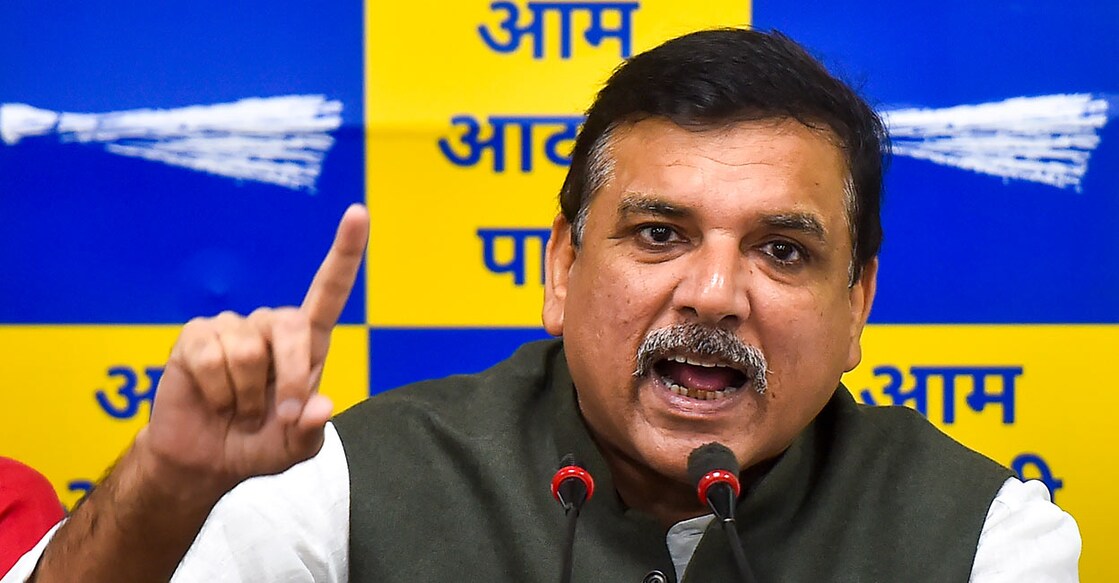 PTI08_24_2022_000050B Aam Aadmi Party (AAP) leader Sanjay Singh addresses a press conference, at the party office in New Delhi. File: PTI