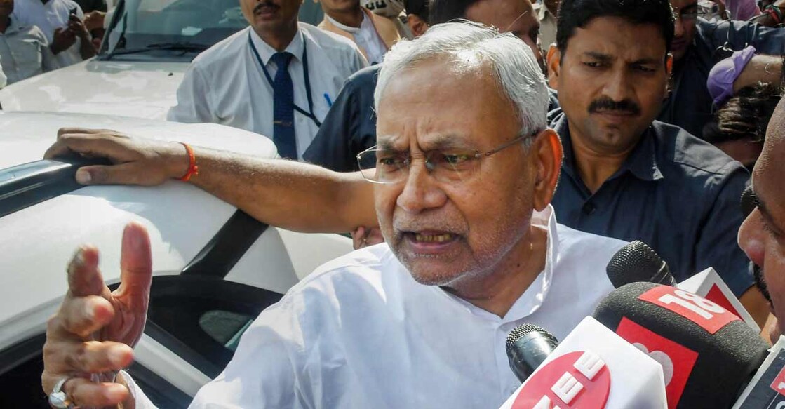 Janata Dal (United) leader Nitish Kumar interacts with the media after submitting his resignation to Bihar Governor Phagu Chauhan, outside Raj Bhavan in Patna, on Tuesday. Photo: PTI 
