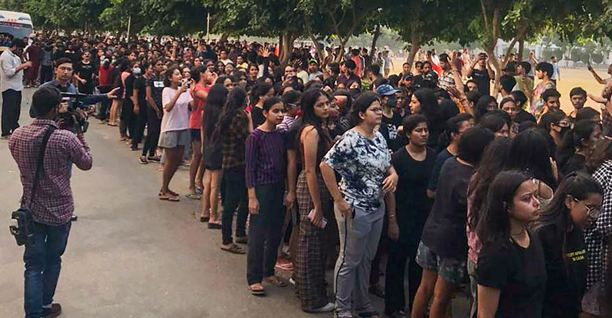 Mohali: Students stage a protest over objectionable videos of several women students were allegedly recorded by a hosteller, at Chandigarh University in Mohali. Photo: PTI