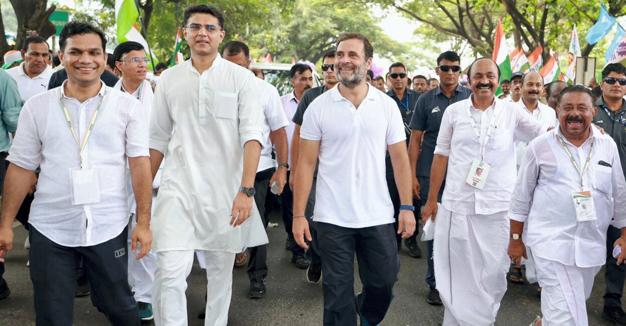 PTI09_21_2022_000030A Congress leader Rahul Gandhi, Sachin Pilot and others during the 14th day of party's 'Bharat Jodo Yatra' in Kochi. Photo: PTI