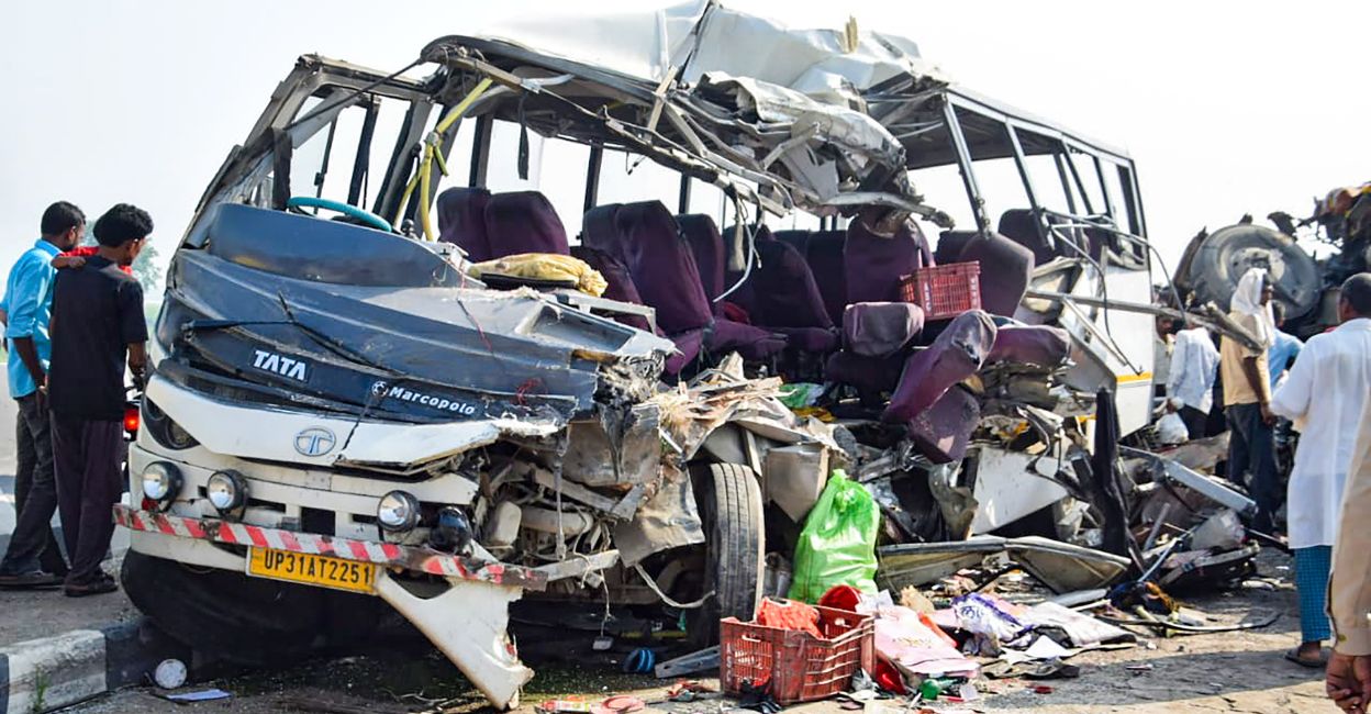 Wreckage of a bus after its collision with a truck, in Lakhimpur Kheri, Wednesday, Sept. 28, 2022. Atleast 10 people were killed and 14 others injured in the mishap, according to police. Photo: PTI