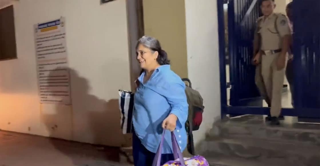 Teesta Setalvad A screengrab of Teesta Setalvad walking out of the Sabarmati Central Jail in Ahmedabad on Saturday evening.