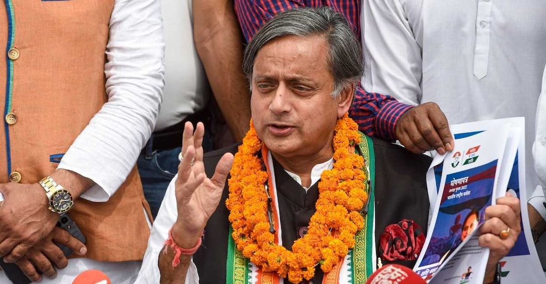 Senior Congress leader Shashi Tharoor addresses a press conference after filing his nomination papers for the post of party President in New Delhi, Friday, September 30, 2022. Photo: PTI