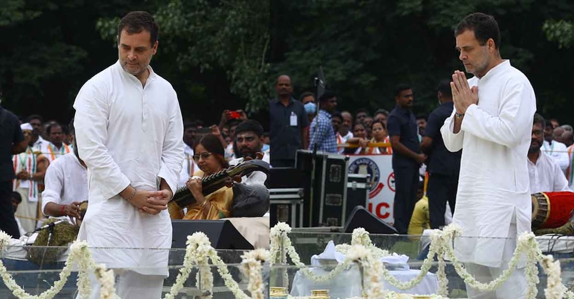 Congress leader Rahul Gandhi pays homage at his father Rajiv Gandhi's memorial in Sriperumbudur, Tamil Nadu on Wednesday, Sept. 7, 2022, ahead of the launch of the 3,570 km-long 'Bharat Jodo Yatra' from Kanyakumari to Kashmir. PTI