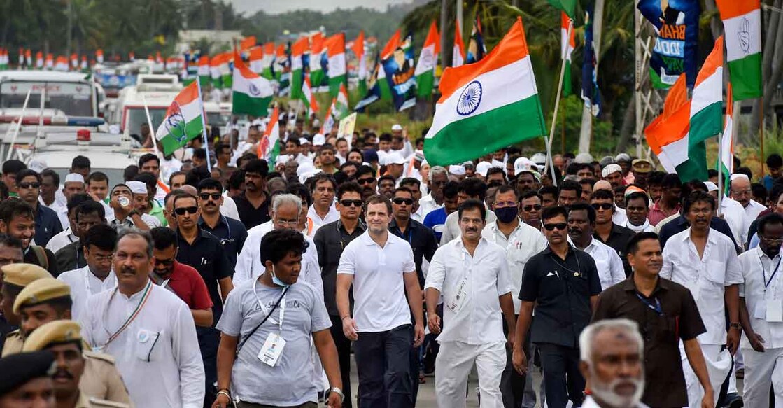 Congress leader Rahul Gandhi with senior leaders and party workers during his 'Bharat Jodo Yatra', in Kanyakumari, on Thursday, September 8, 2022. Photo: PTI/Atul Yadav