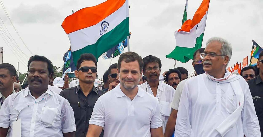 Congress leader Rahul Gandhi with senior leaders and party workers during his 'Bharat Jodo Yatra', in Kanyakumari, on Thursday, September 8, 2022. Photo: PTI/Atul Yadav