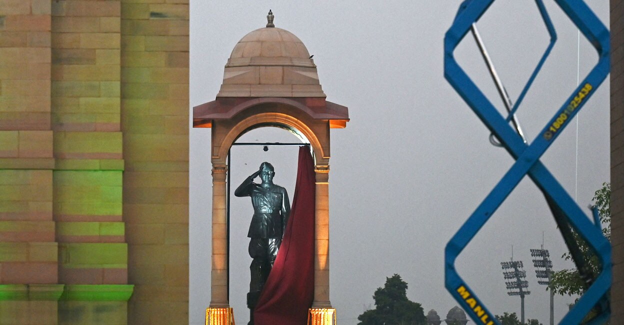The statue of Subhas Chandra Bose is unveiled by India's Prime Minister Narendra Modi (not pictured) near India Gate during the inauguration ceremony of the newly renovated avenue Central Vista in New Delhi on Thursday. Photo: AFP/ Money Sharma