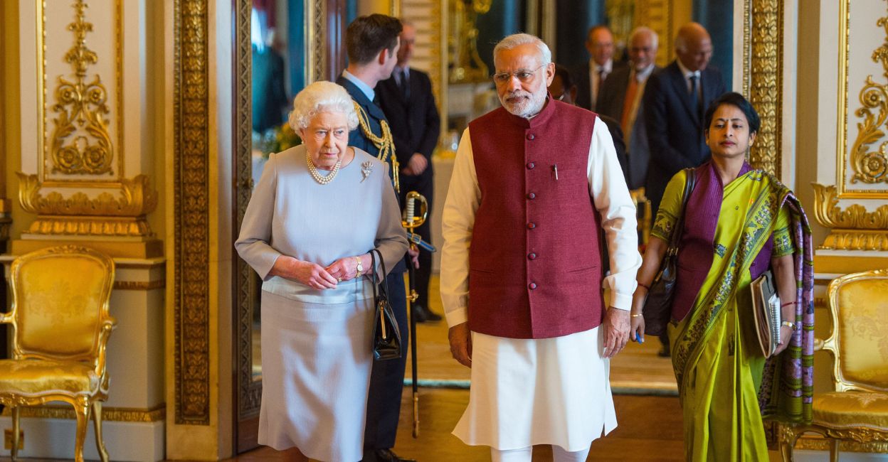 The late Queen Elizabeth II with India Prime Minister Narendra Modi during the latter's visit to England. The late Queen Elizabeth II with India Prime Minister Narendra Modi during the latter's visit to England.