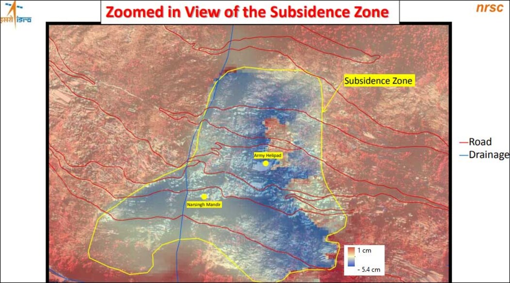 Joshimath Subsidence Zone (Image Credit - ISRO - NRSC) A zoomed-in view of the subsidence zone in Joshimath as released by ISRO.