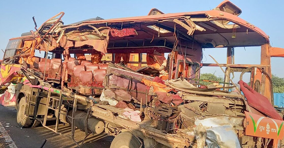 Wreckage of a bus after its collision with a truck, near Pathare Shivar in Nashik district, Friday, January 13, 2023. Photo: PTI
