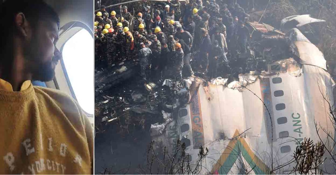 Nepal air crash Screengrab from FB live by passenger started before crash (Left), rescue teams work to retrieve bodies from the wreckage at the crash site of an aircraft carrying 72 people in Pokhara (Right, Photo: Reuters)