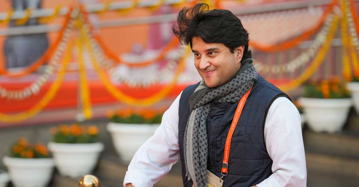 PTI01_17_2023_000279A Union Civil Aviation Minister Jyotiraditya Scindia leaves after BJP's National Executive Meeting at NDMC Convention Centre, in New Delhi, Tuesday, January 17, 2023. Photo: PTI