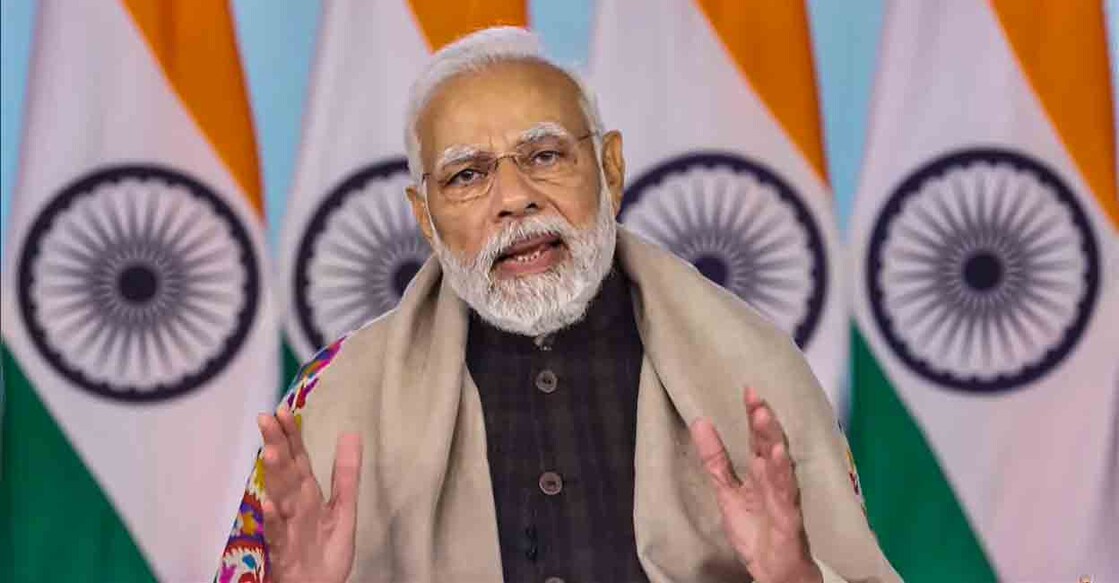 Prime Minister Narendra Modi virtually addresses during a ceremony to name 21 uninhabited islands of Andaman and Nicobar Islands after Param Vir Chakra (PVC) recipients and unveil a model of a proposed memorial dedicated to Netaji Subhas Chandra Bose on Monday, Jan. 23, 2023.  Photo: PTI
