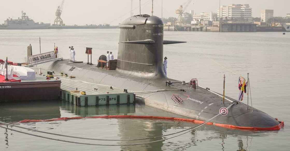 Naval officers onboard the fifth Kalvari-class submarine 'INS Vagir' during its commissioning ceremony, at the Naval Dockyard in Mumbai, Monday, Jan. 23, 2023. Photo: PTI /Kunal Patil