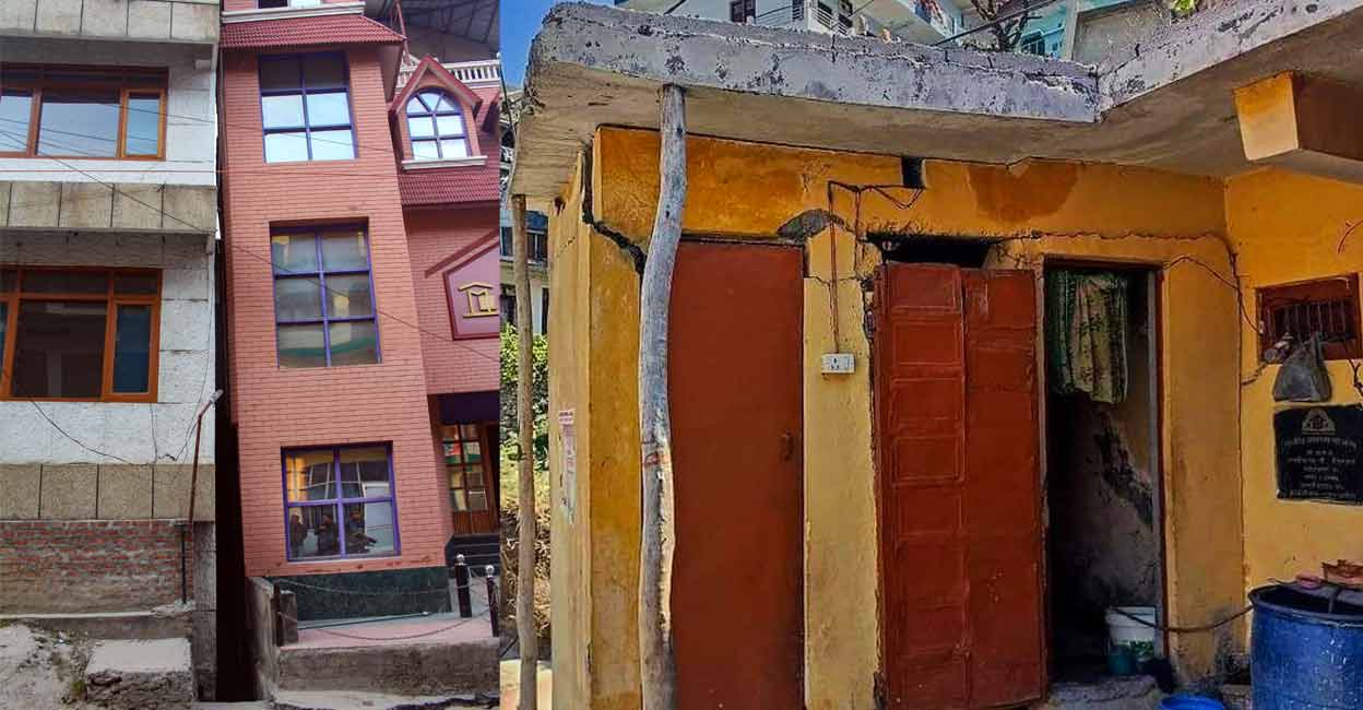 Malari Inn (left) sinks in its place on Badrinath National Highway, in Joshimath on Friday. Photo: PTI