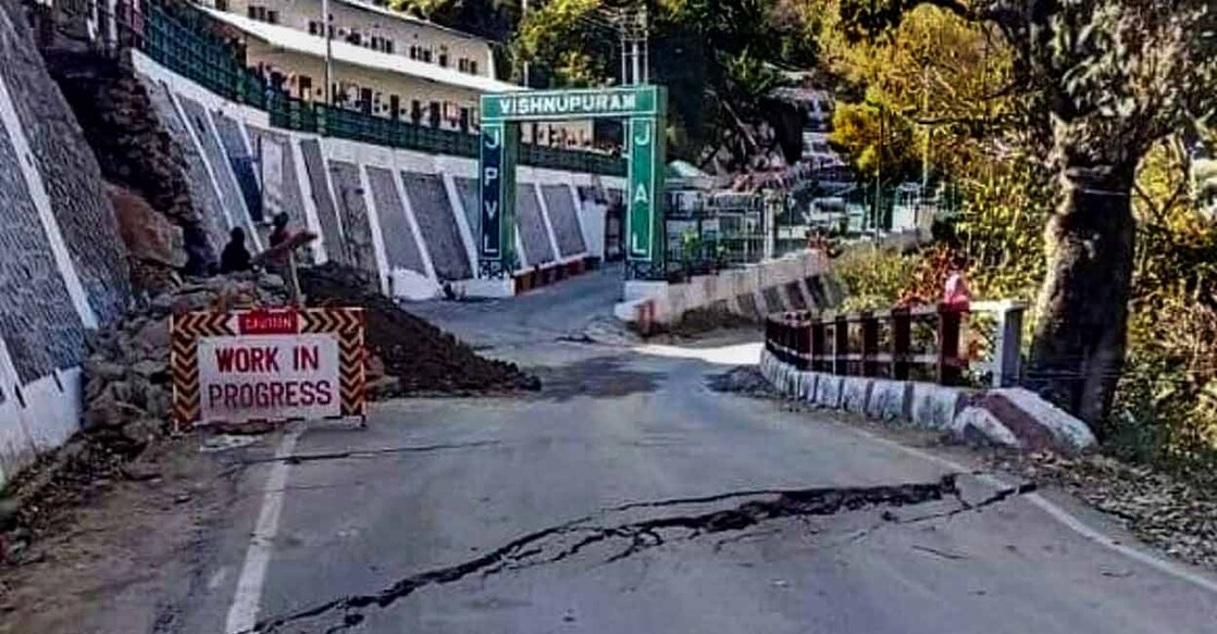 Cracks appear on the roads due to landslides at the Joshimath of Chamoli district of Uttarakhand on Friday. Photo: PTI