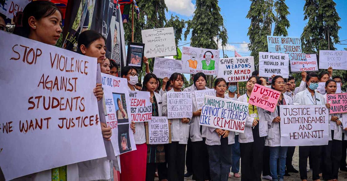 Students protest against the killing of two students in Manipur. Photo: PTI