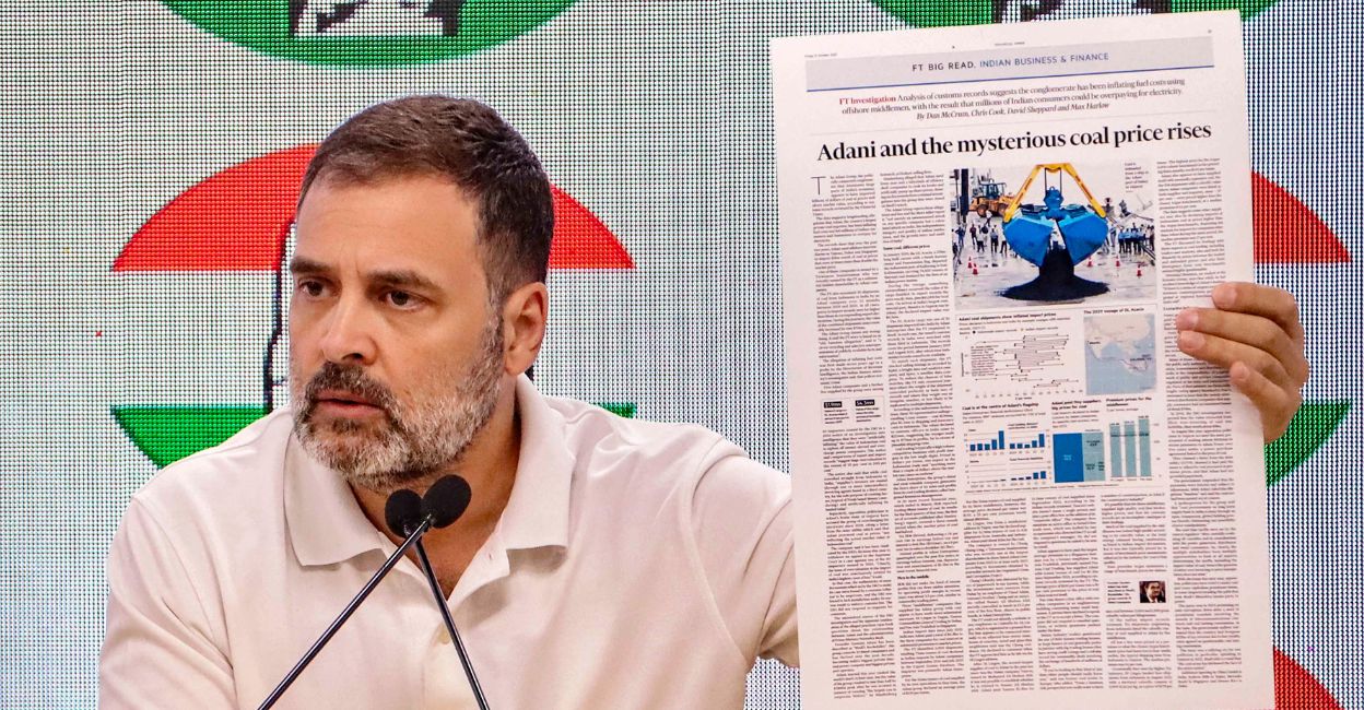 rahul-gandhi-adani Congress leader Rahul Gandhi addresses a press conference at the AICC Headquarters, in New Delhi, Wednesday, October 18, 2023. Photo: PTI