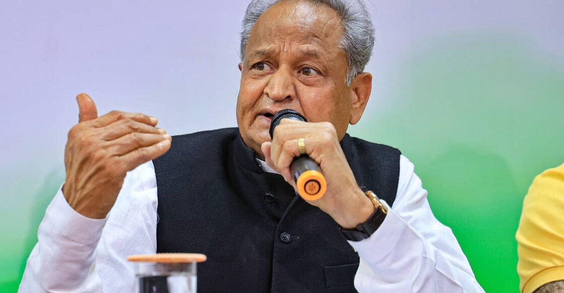 ashok-gehlot-c Rajasthan Chief Minister Ashok Gehlot addresses a press conference after the Enforcement Directorates (ED) raid at Rajasthan Congress President Govind Singh Dotasras residence, in Jaipur. Photo: PTI