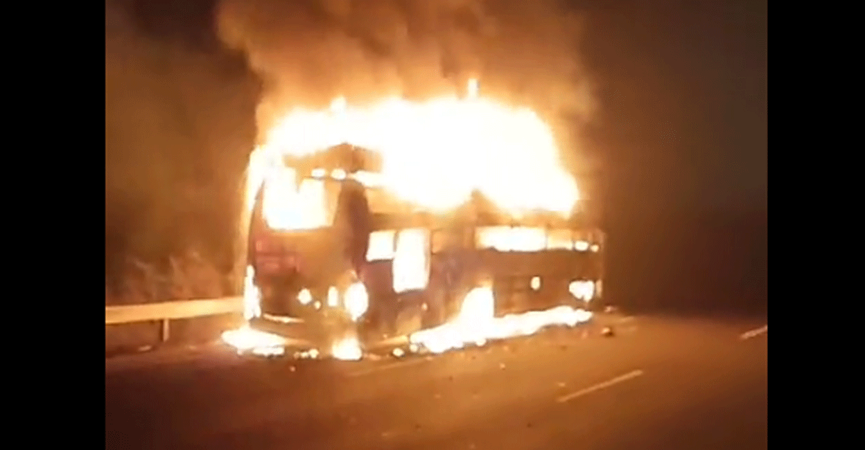 A screengrab from a social media video of the bus on fire in Midnapore, West Bengal Friday night. 