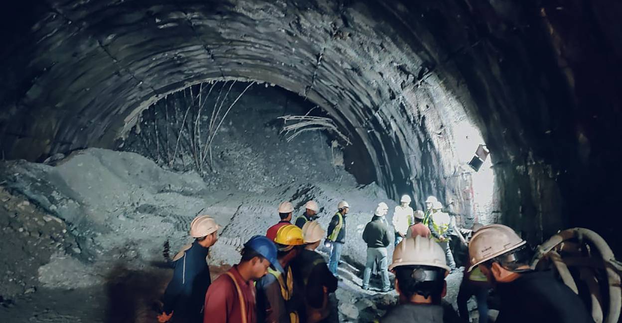 Rescue operation underway after a portion of a tunnel under construction between Silkyara and Dandalgaon on the Brahmakhal-Yamunotri national highway collapsed, in Uttarkashi district. Photo: PTI