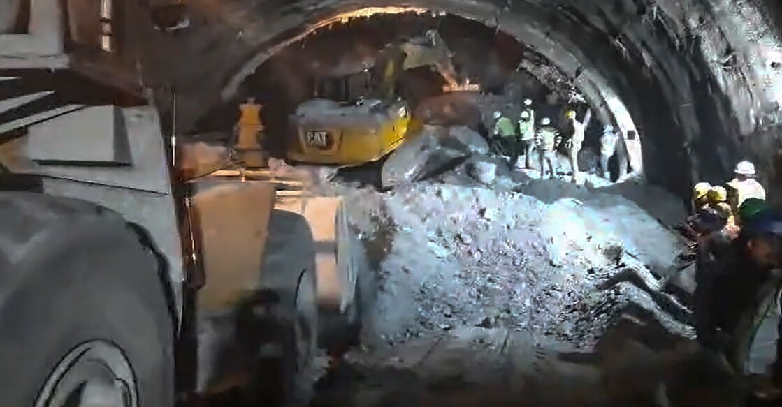 Rescue and relief operations underway after a portion of a tunnel under construction between Silkyara and Dandalgaon on the Brahmakhal-Yamunotri national highway collapsed, in Uttarkashi district, on Sunday. Photo: PTI via @pushkardhami