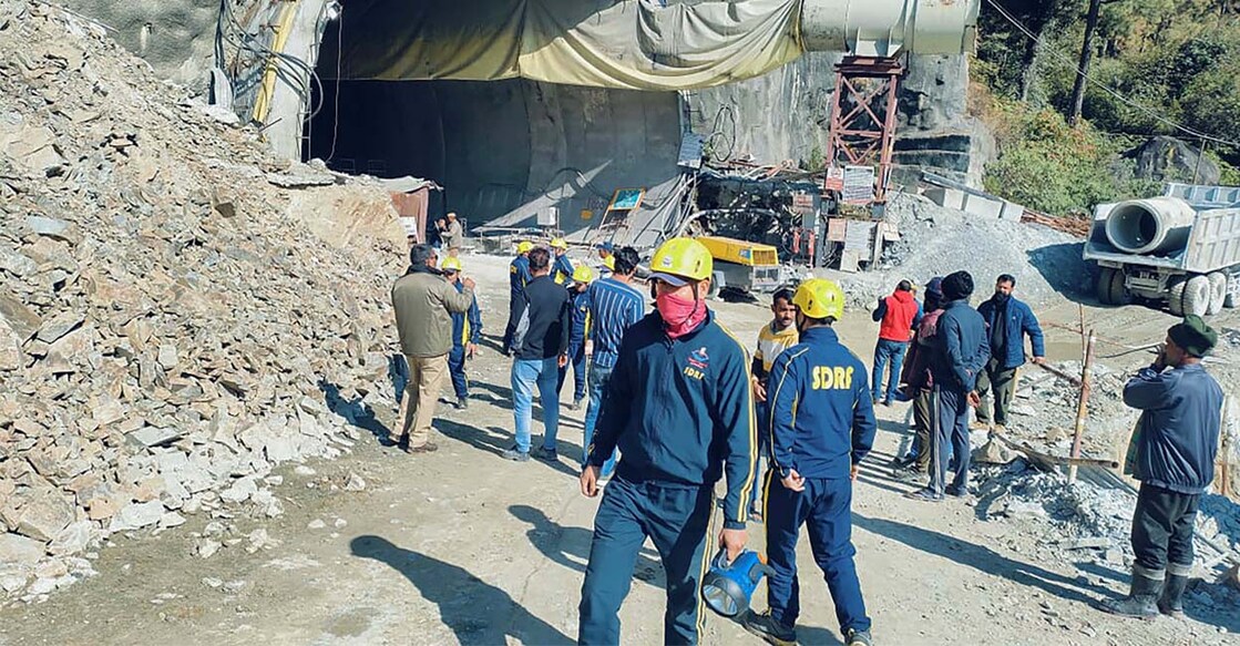 Rescue operation underway after a portion of a tunnel under construction between Silkyara and Dandalgaon on the Brahmakhal-Yamunotri national highway collapsed, in Uttarkashi district, on Sunday. Photo: PTI