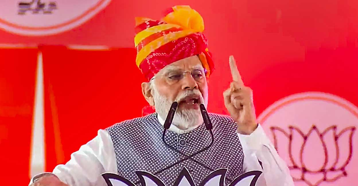 PTI11_15_2023_000445B Prime Minister Narendra Modi speaks during a public meeting ahead of Rajasthan Assembly elections. Photo: PTI