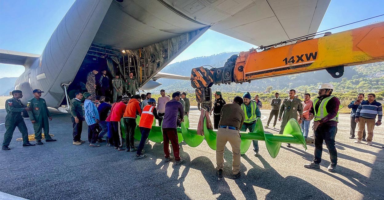 Drilling equipment being airlifted by the IAF's C-130 J aircraft to the tunnel-collape site for a rescue operation in Uttarakhand's Dharasu. Photo: PTI