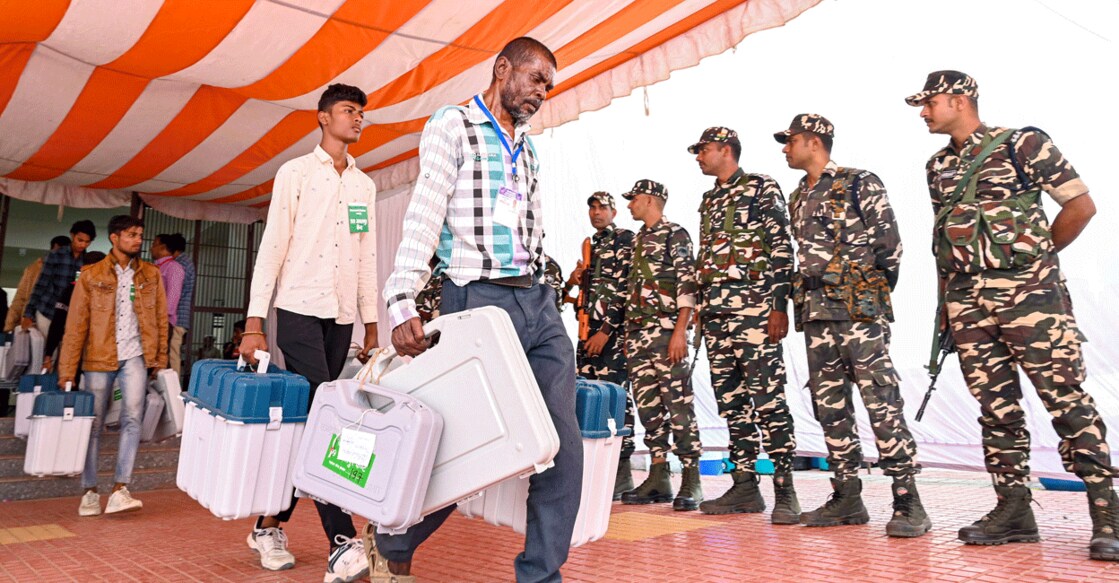 PTI11_16_2023_000098B Polling officials with EVMs and other election material leave for poll duty ahead of Madhya Pradesh Assembly elections in Jabalpur on Thursday. Photo: PTI