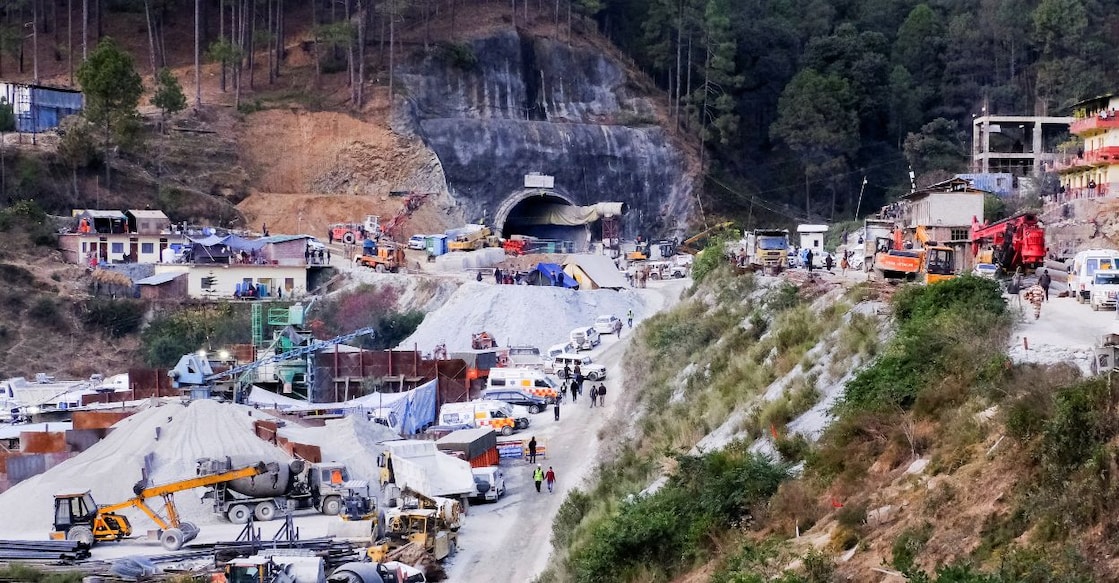 uttarakhand-tunnel-collapse A general view outside the entrance of a tunnel where rescue operations are in progress after workers were trapped in a collapse of an under-construction tunnel, in Uttarkashi, Uttarakhand, on November 24, 2023. Photo: Reuters/Shankar Prasad Nautiyal