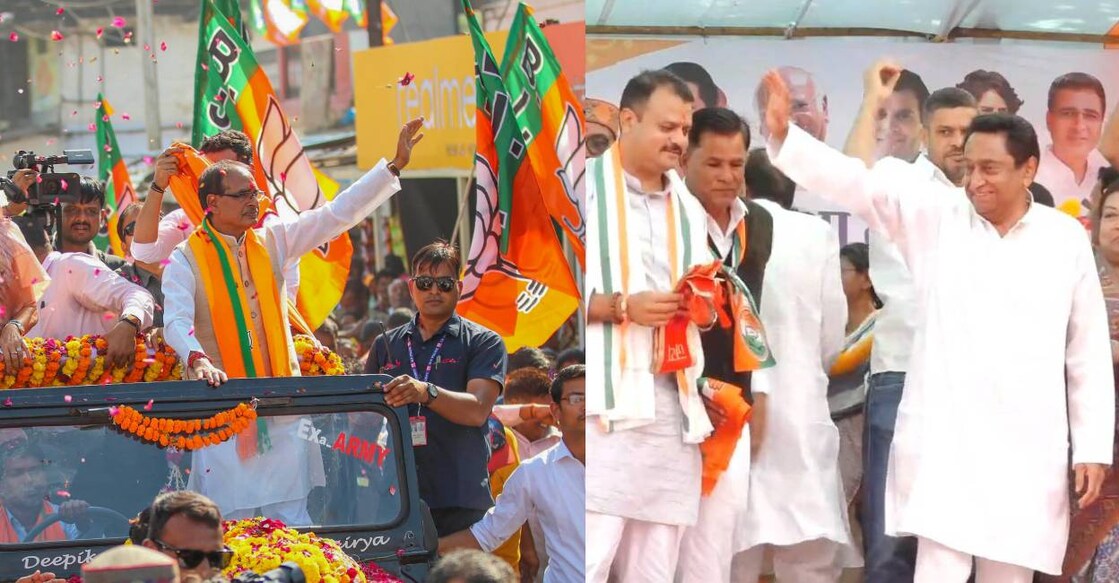 Madhya Pradesh Chief Minister Shivraj Singh Chouhan and Congress leader Kamal Nath during election campaign. Photo: PTI, X/ MP Congress