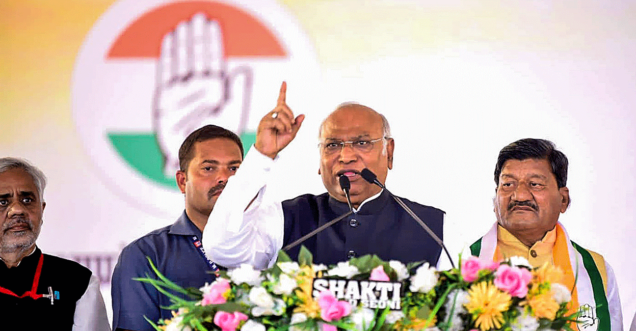 PTI11_04_2023_000365A Congress President Mallikarjun Kharge during an election campaign at Katangi, Balaghat district of Madhya Pradesh on Saturday. Photo: PTI