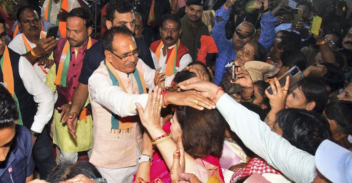 Madhya Pradesh Chief Minister Shivraj Singh Chouhan meets supporters during a public meeting ahead of the state assembly election. Photo: PTI
